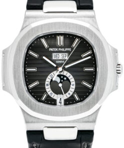 Patek Philippe Nautilus Stainless Steel Moon Phase Black Leather Strap (Ref#5726A-001)