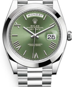 Rolex Day-Date 40 950 PlatinumWatch - Smooth Bezel - Olive Green Bevelled Roman Dial - President Bracelet (Ref # 228206)