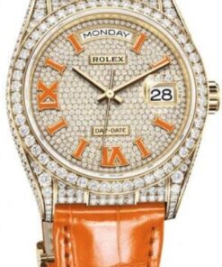 Rolex Day-Date 36 Orange Alligator Strap Pave Dial 128158rbr